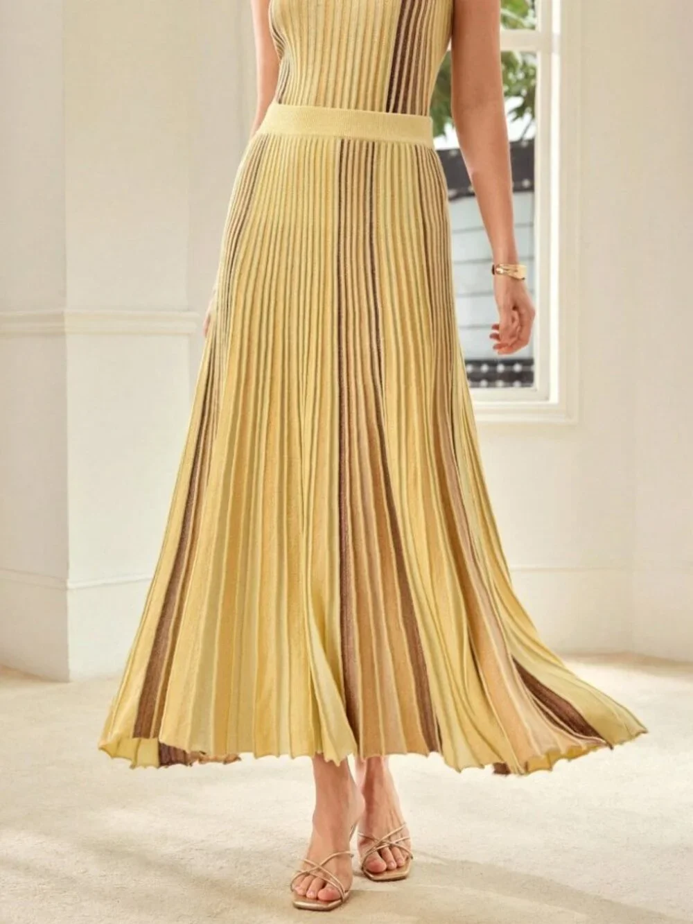 Yellow Striped Knit Maxi Skirt with Pleated A-Line Flare